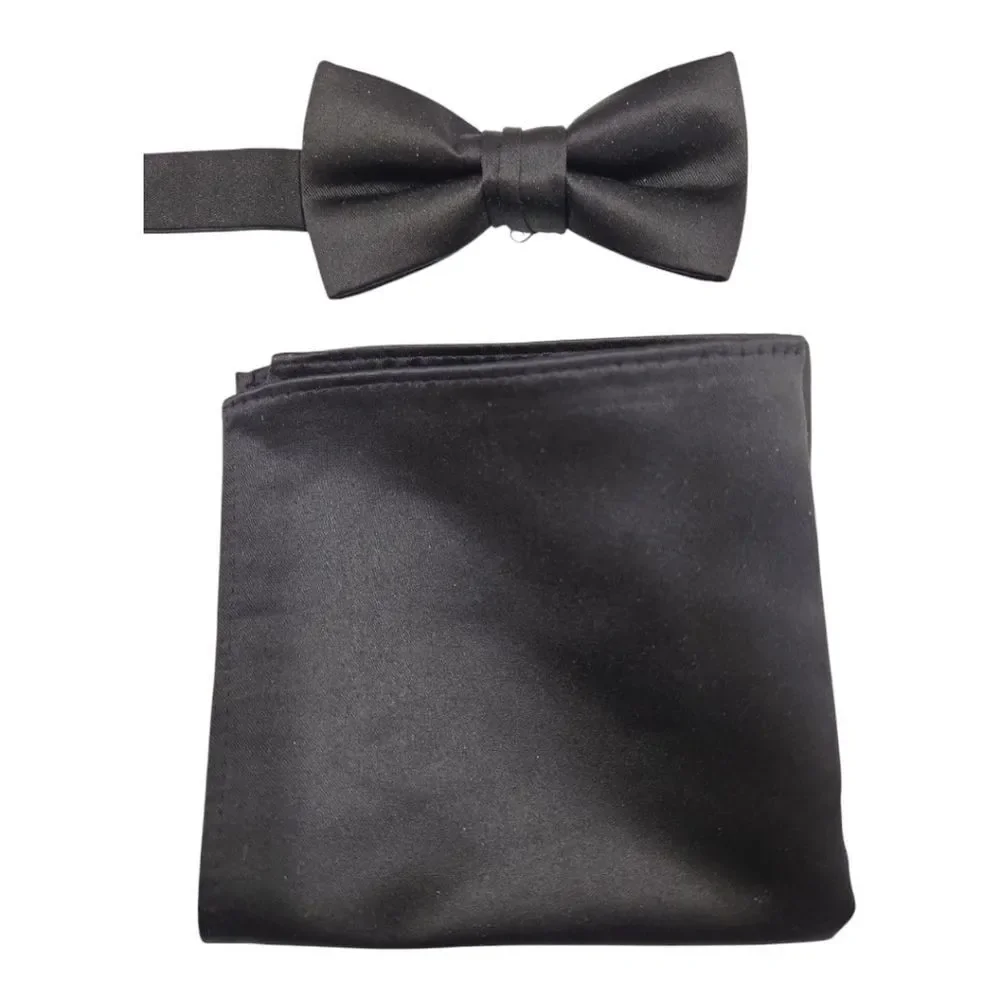 BOYS LARR BRIO SATIN BLACK BOW TIE AND POCKET SQUARE SET.